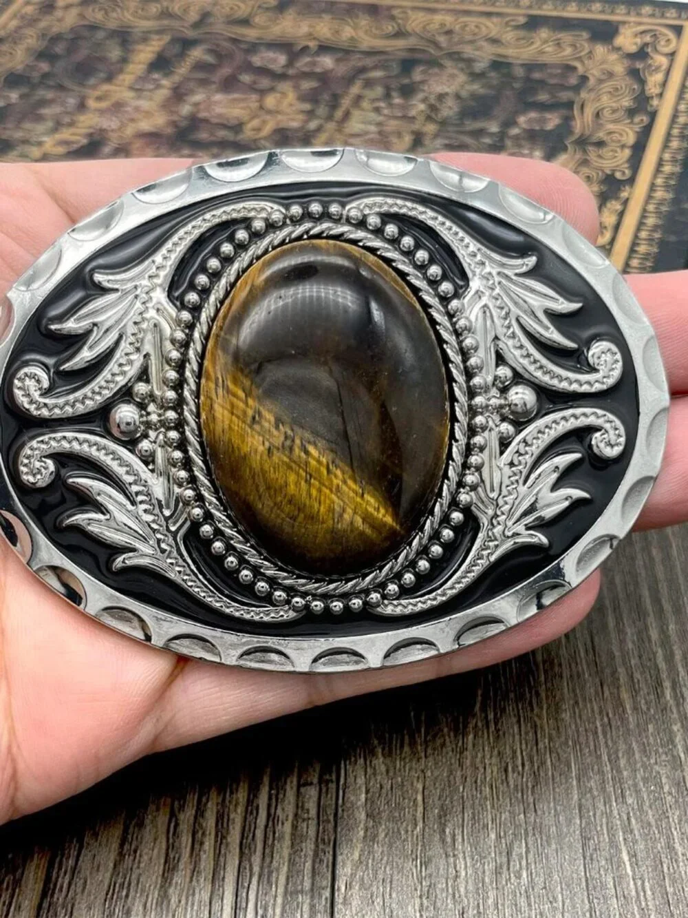 Men's Tiger Eye Vintage American Western Cowboy Turquoise Stone Belt Buckle